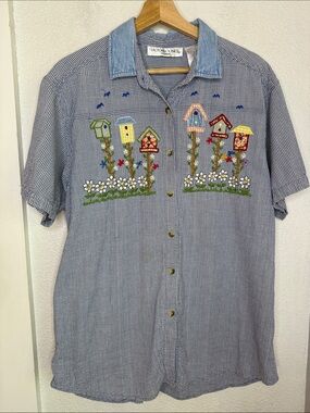 Victoria Jones Whimsical Blue White Gingham Birdhouse Embroidered Shirt size 18W